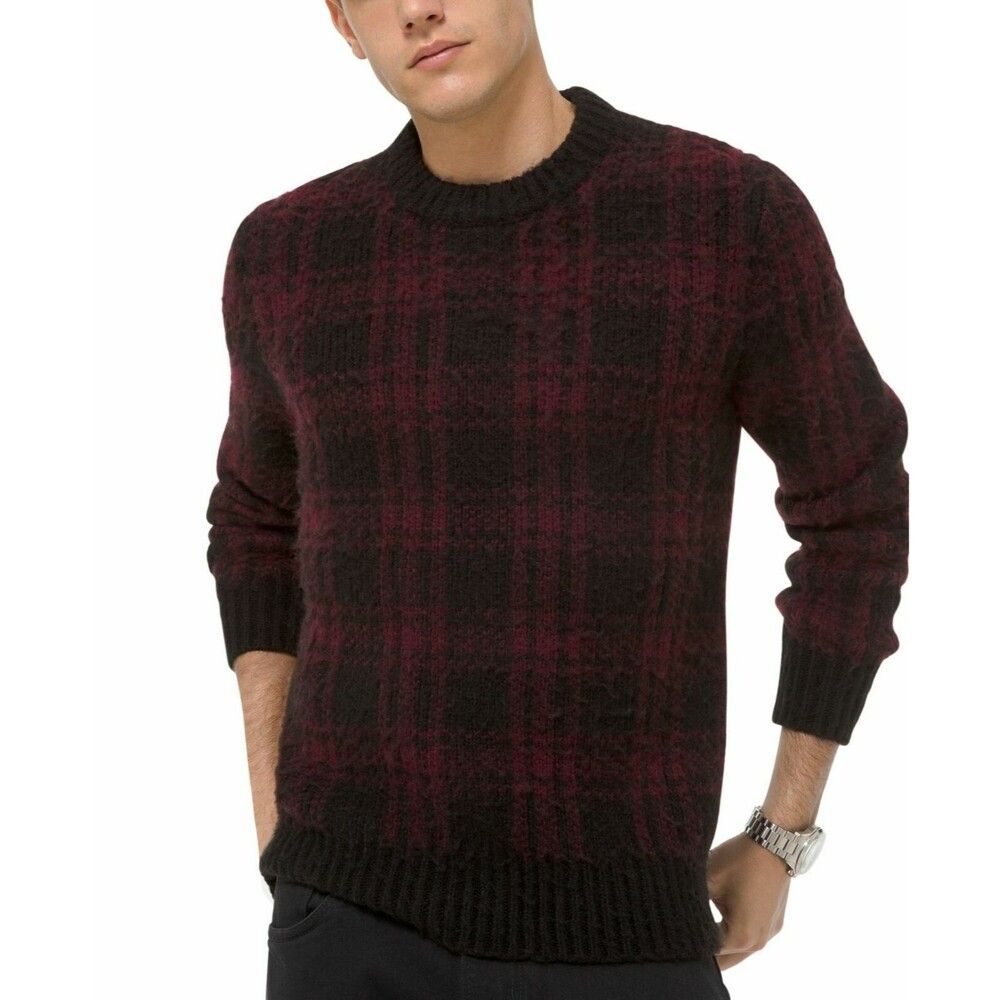 Michael Kors Plaid Wool Blend Textured Knit Sweater sz XL Black Red